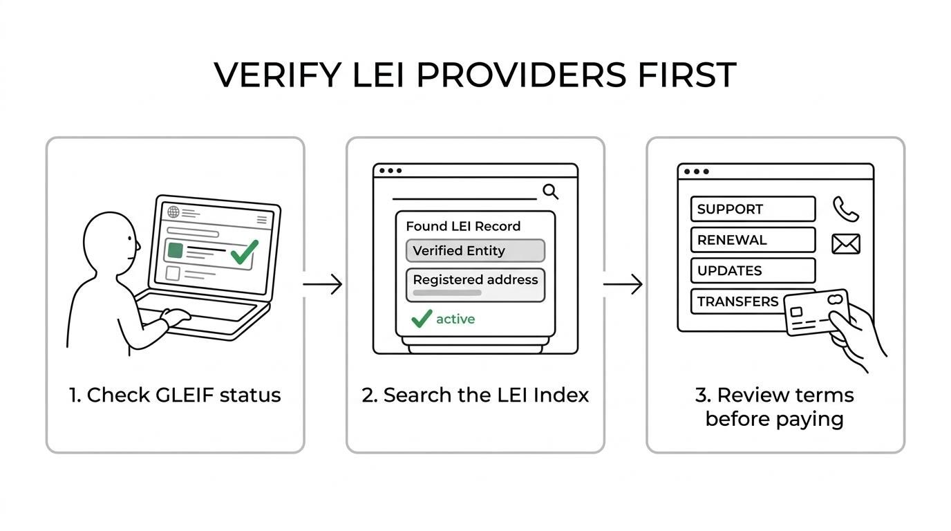 Four-step flow showing how to verify an LEI provider by checking GLEIF status, searching the Global LEI Index, reviewing renewal and update terms, and testing support.