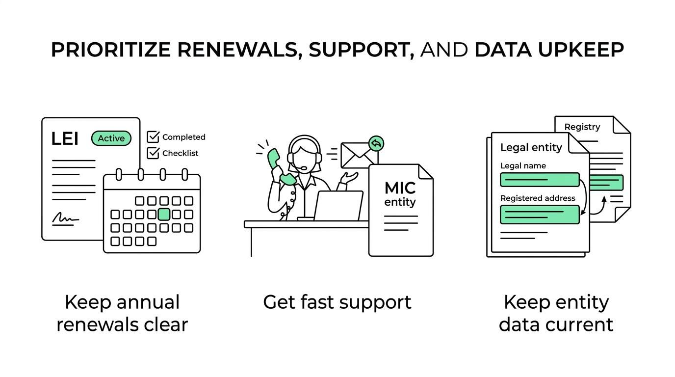 Five labeled decision factors for choosing an LEI provider for a Canadian mortgage investment corporation: pricing clarity, renewal handling, support speed, transfer capability, and reference data updates.