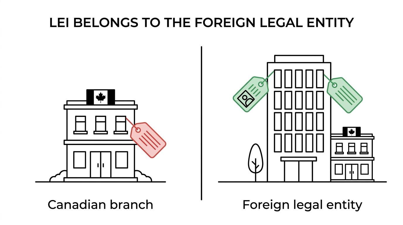 Side-by-side comparison of a Canadian branch presence and the foreign legal entity that should hold the LEI.