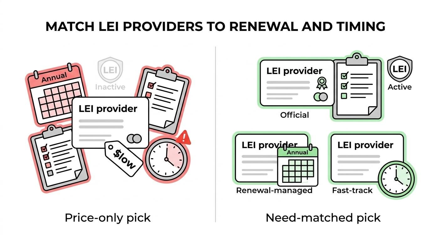 Side-by-side comparison of LEI provider types for Canadian bond issuers, showing differences in support, renewal handling, speed, and administrative control.