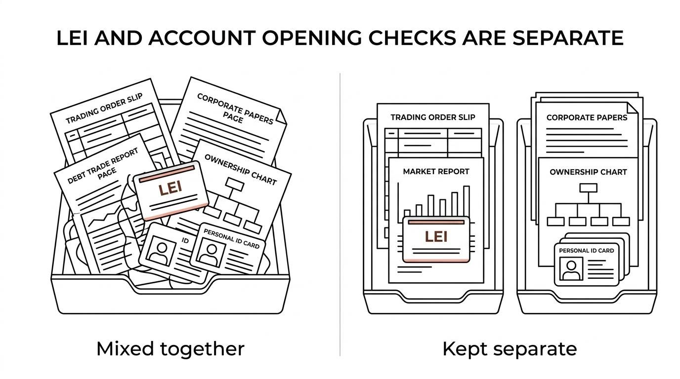 Side-by-side comparison showing LEI requirements for trading and market reporting versus beneficial ownership and identity checks for opening a corporate brokerage account.