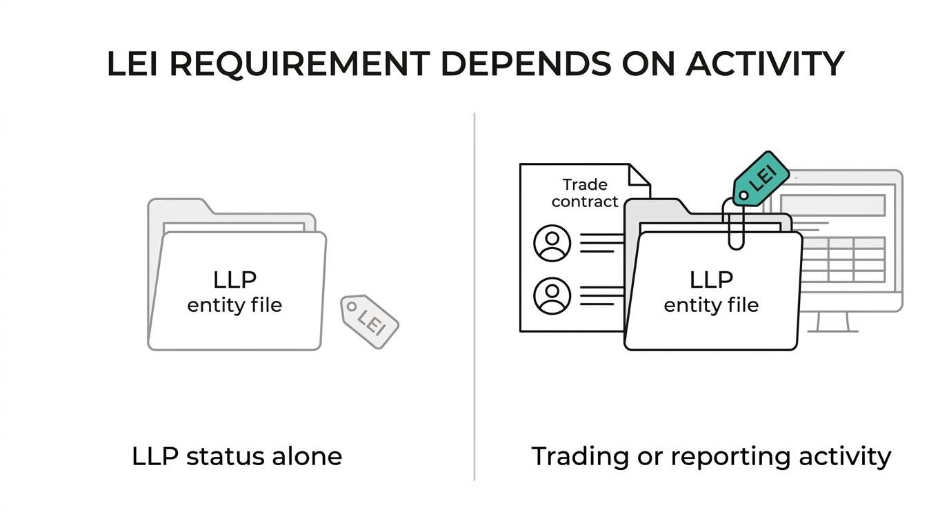 Side-by-side comparison showing LLP status alone versus regulated derivatives activity as the real trigger for needing an LEI in Canada.