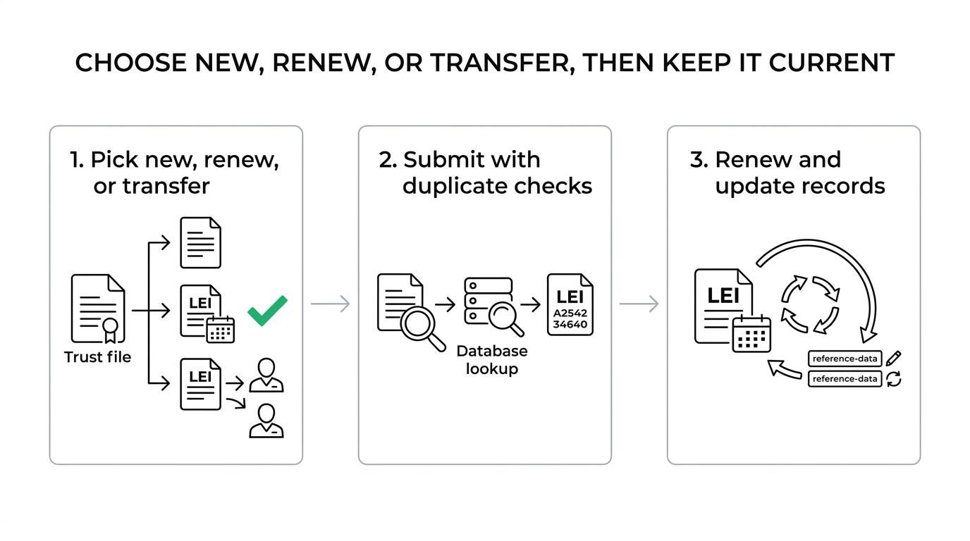 Flow diagram showing a trust LEI path from registry checks to new registration, renewal or transfer, followed by ongoing reference-data updates.
