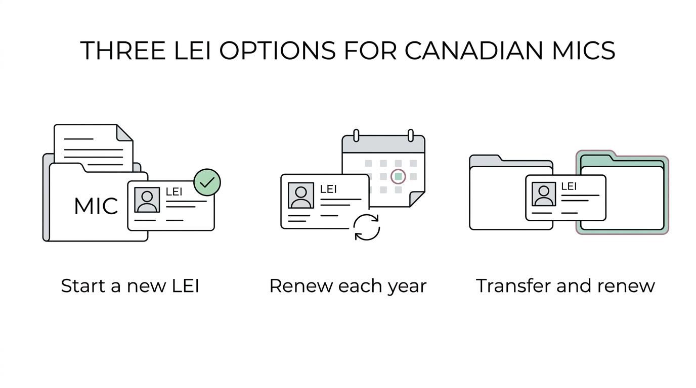 Graphic showing LEI Service options for a Canadian mortgage investment corporation: new registration, annual renewal, and transfer plus renewal, with speed and support benefits.