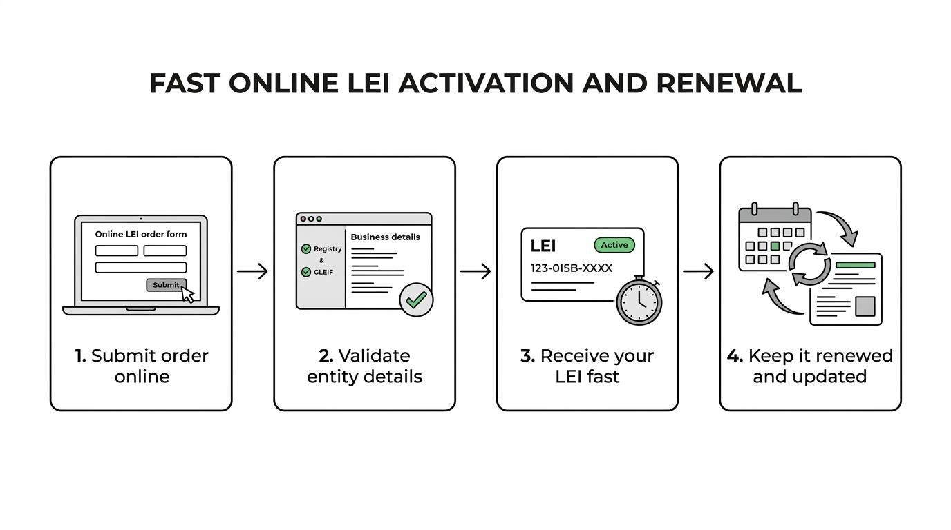 Flow diagram showing online LEI order, automated checks, validation, issuance, and ongoing maintenance.