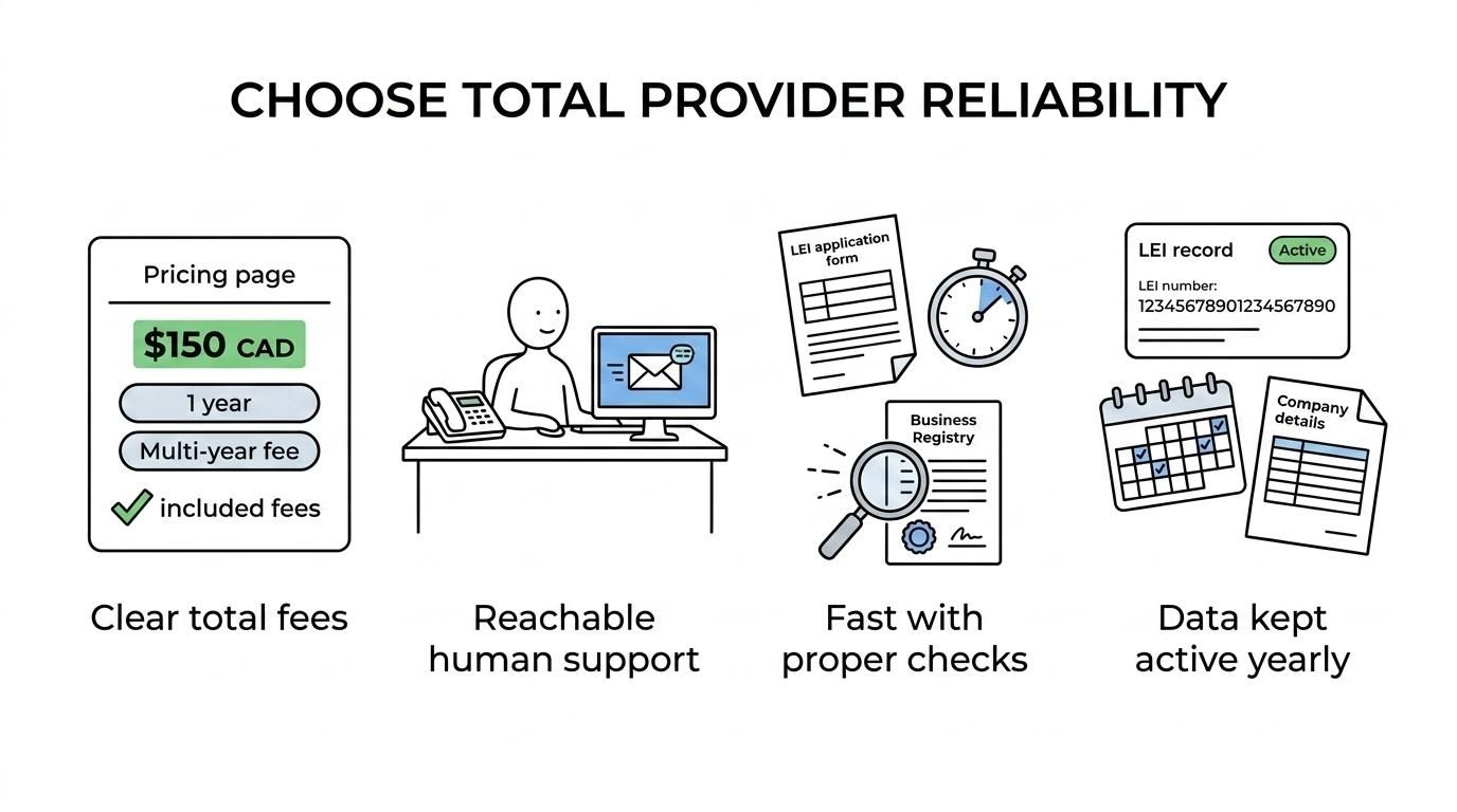 Checklist of key factors for choosing an LEI provider in Canada, including fees, support, speed, data quality, and renewals or transfers.