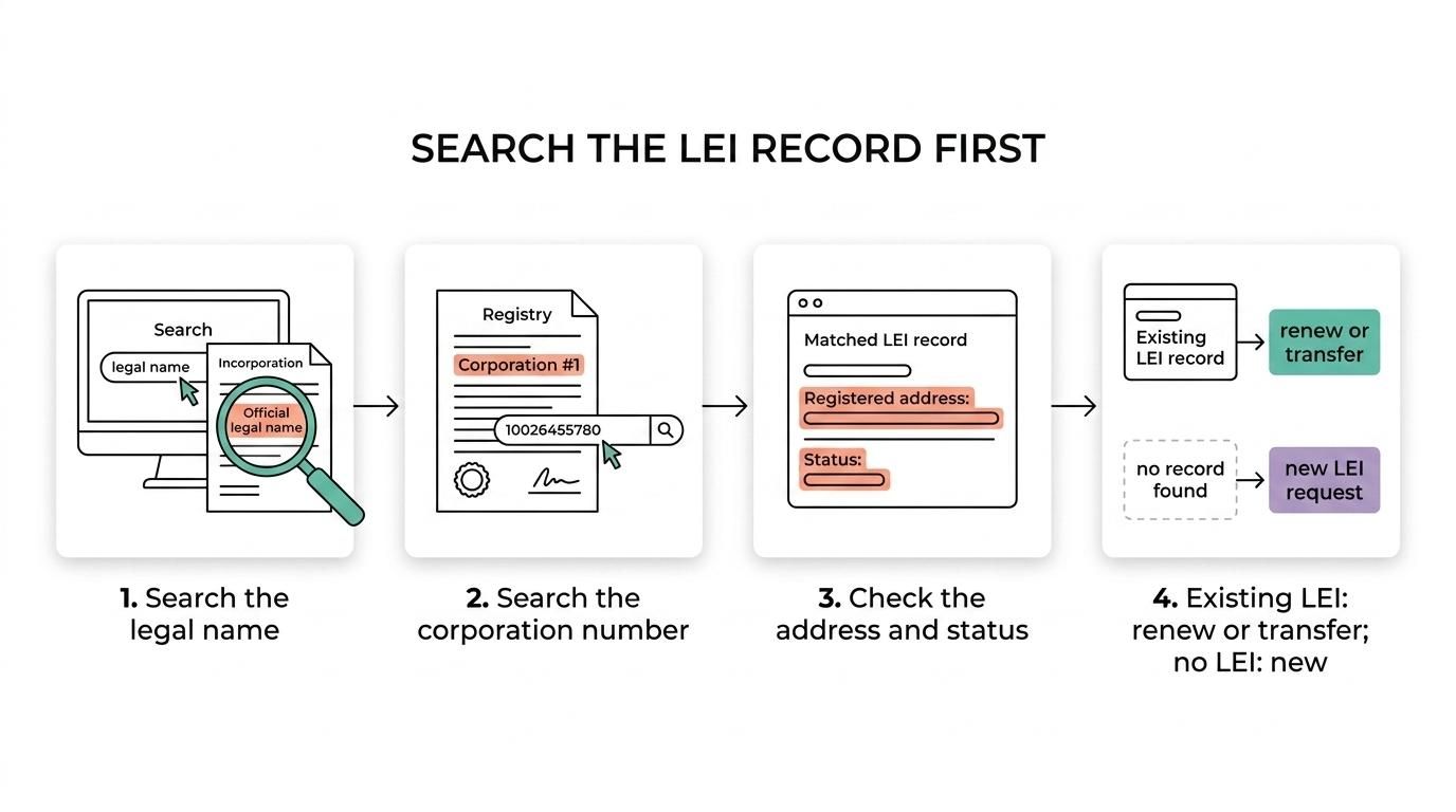 Flowchart showing LEI pre-registration steps: search legal name, check corporation number, review address and status, then choose new registration, renewal, or transfer.