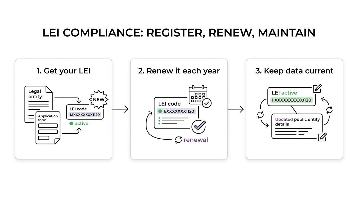 A step-by-step LEI compliance lifecycle showing registration or transfer, active use for reporting and counterparty checks, annual renewal, and ongoing data updates.