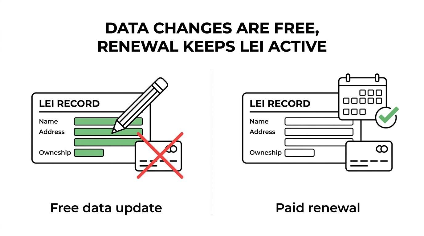 Side-by-side comparison showing free LEI data updates versus paid annual renewal, including what each covers and renewal pricing.