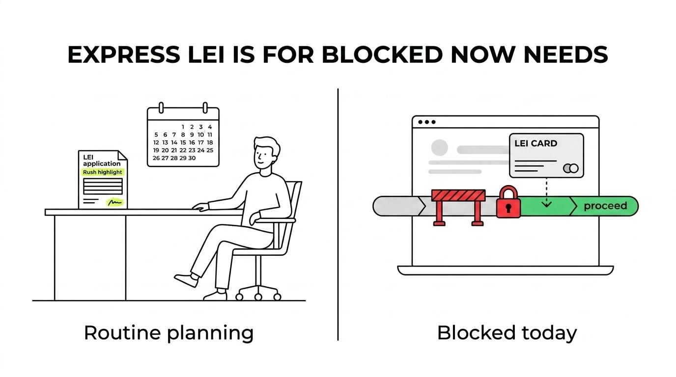 Side-by-side comparison showing when express LEI issuance is necessary versus when standard processing is usually sufficient.