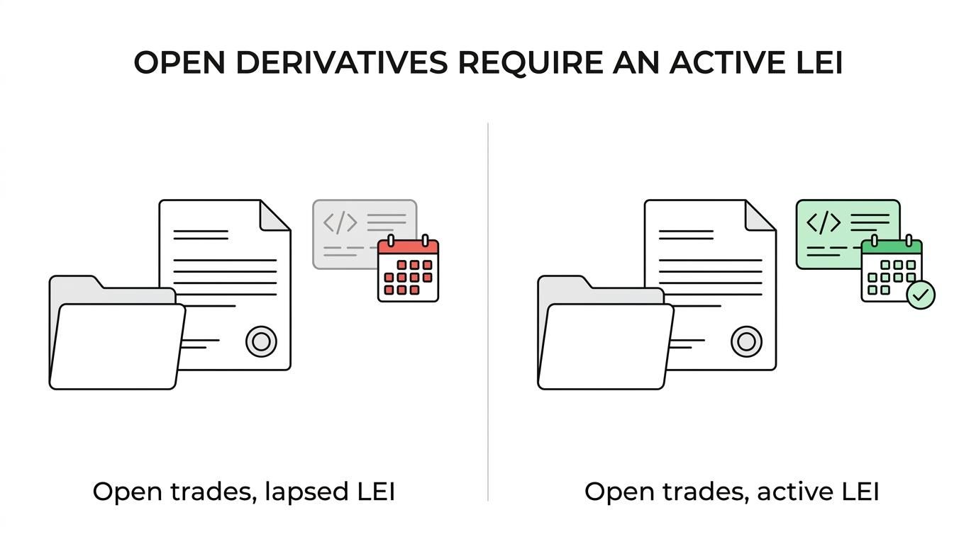 Side-by-side comparison of a Canadian entity with open OTC derivatives needing an active renewed LEI versus an entity with all contracts expired where renewal can pause.