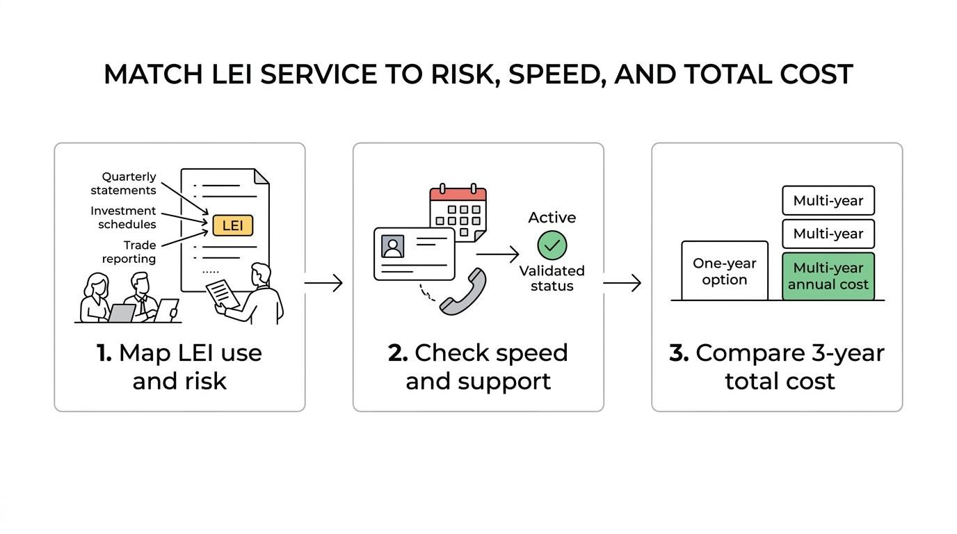 Three-step LEI service selection process for insurance firms: map where the LEI is used, test deadline risk, and compare multi-year cost.