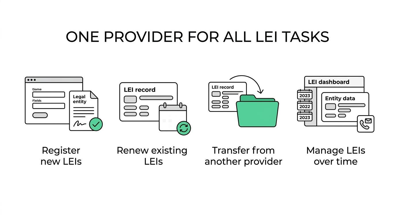 Visual grouping the main LEI Service benefits for Canadian non-bank lenders: new registration, renewal, transfer, fast processing, support, and multi-year management.