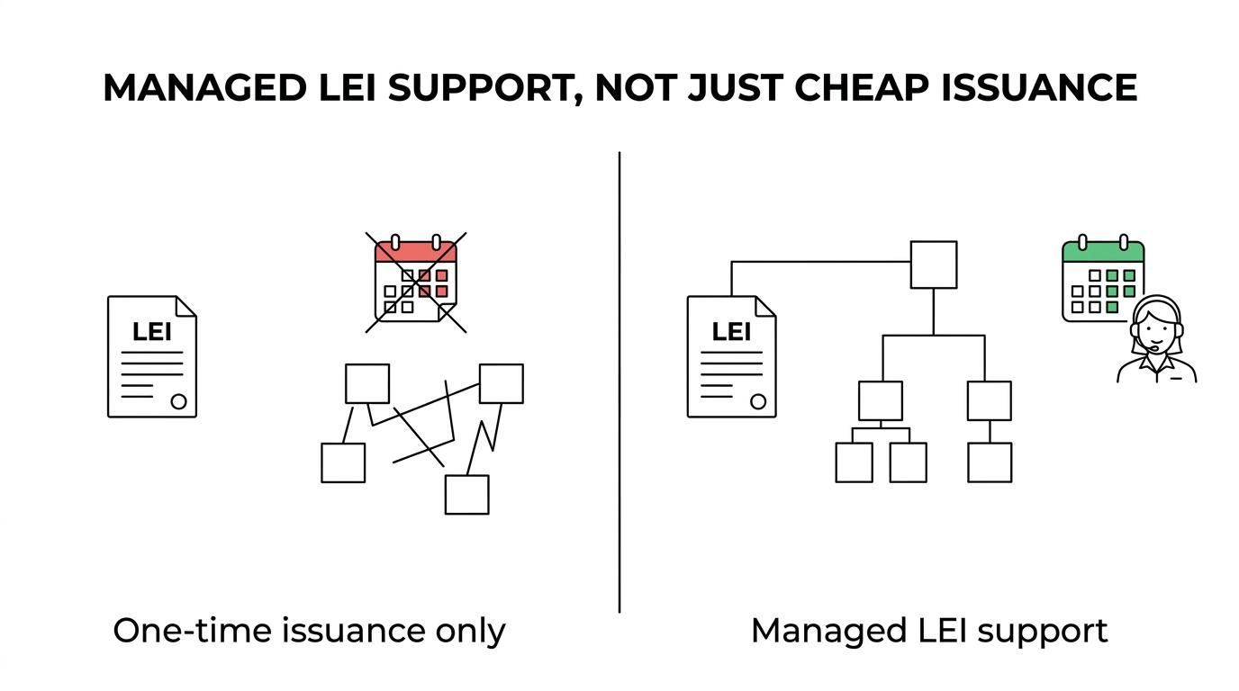 Side-by-side comparison of LEI service options for holding companies, showing LEI Service Canada, direct LOU registration, registration agents, and low-cost self-service with their best-fit use cases.