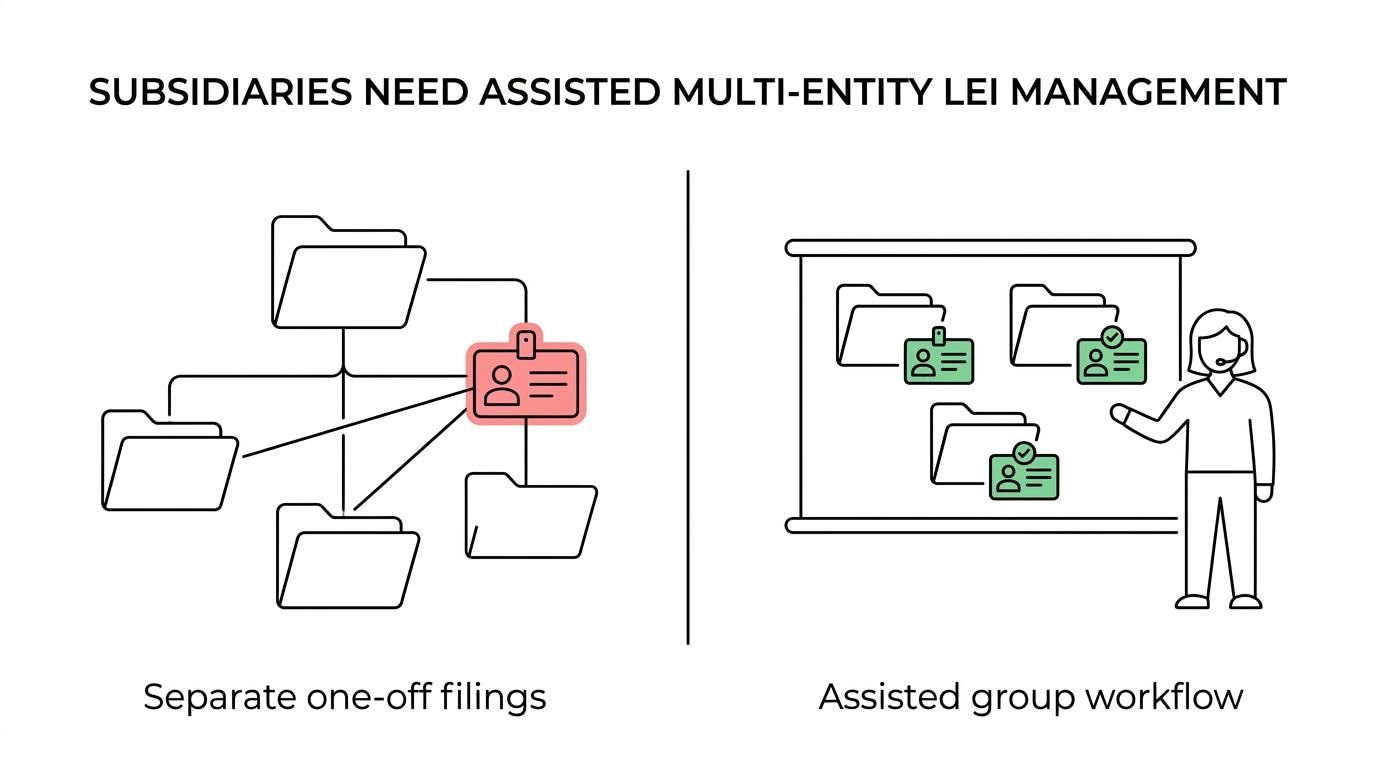 Side-by-side comparison of a basic self-service LEI setup for one simple entity versus a support-led service managing multiple subsidiaries with validation, renewals, and transfers.