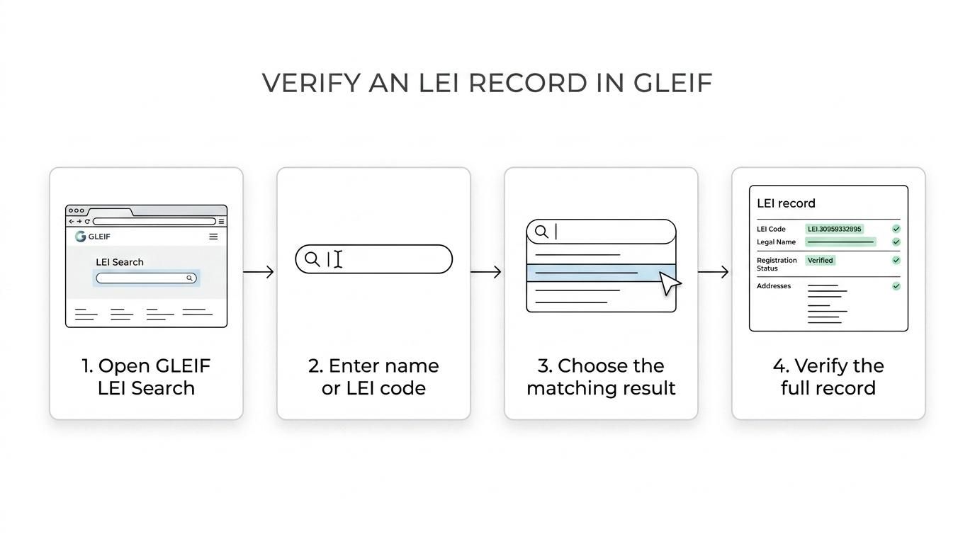 Flow diagram showing GLEIF LEI search from entering an entity name or LEI code to reviewing the record detail page and status.