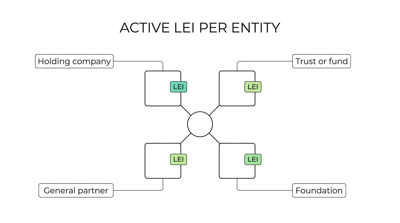 Diagram of a family office structure showing a holding company, trust, fund vehicle, general partner, and foundation, each potentially needing its own LEI.