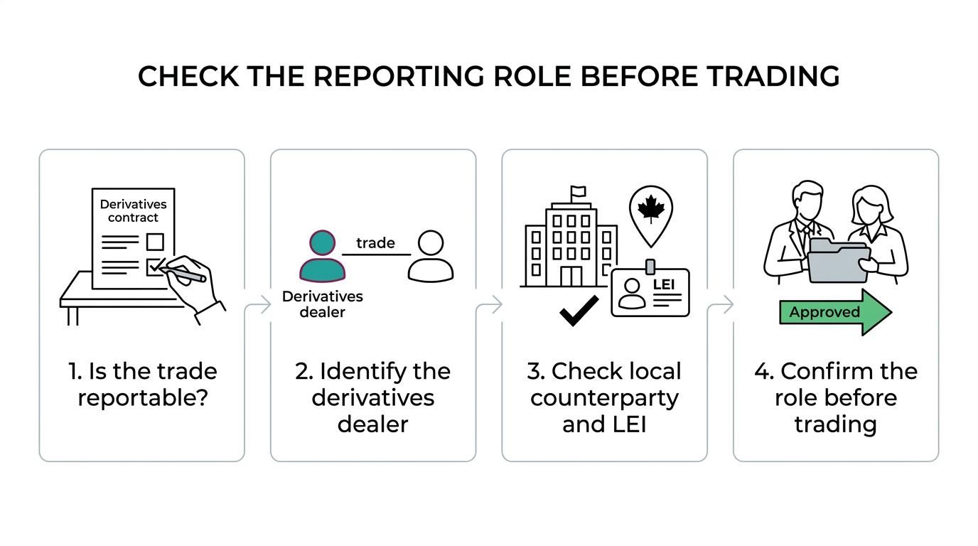 Flowchart showing how a Crown corporation determines reporting-counterparty status and when an LEI must be in place for a reportable derivative.