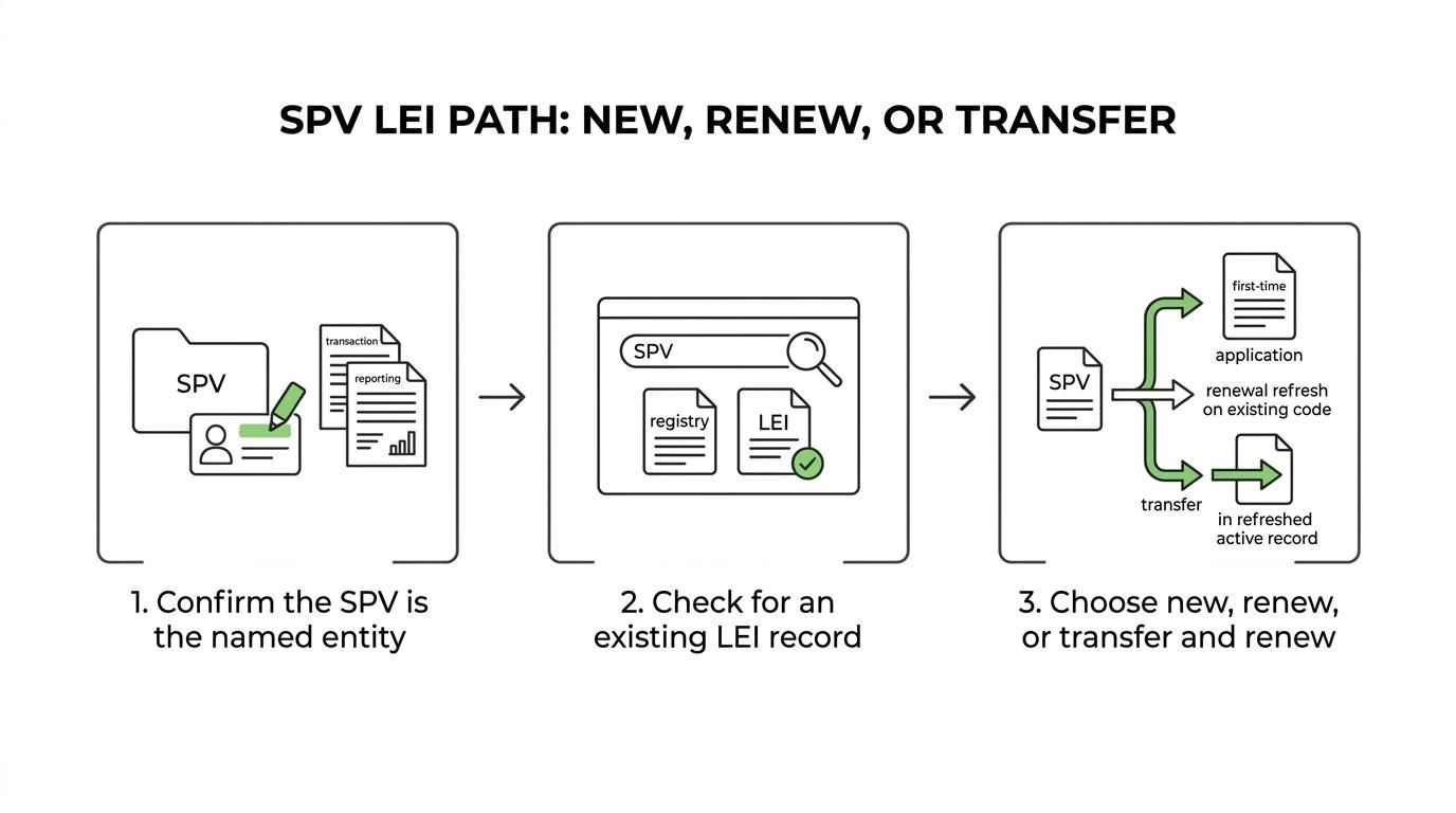 Flowchart showing how a Canadian SPV determines whether it needs a new LEI, a renewal, or a transfer based on market activity and existing LEI status.
