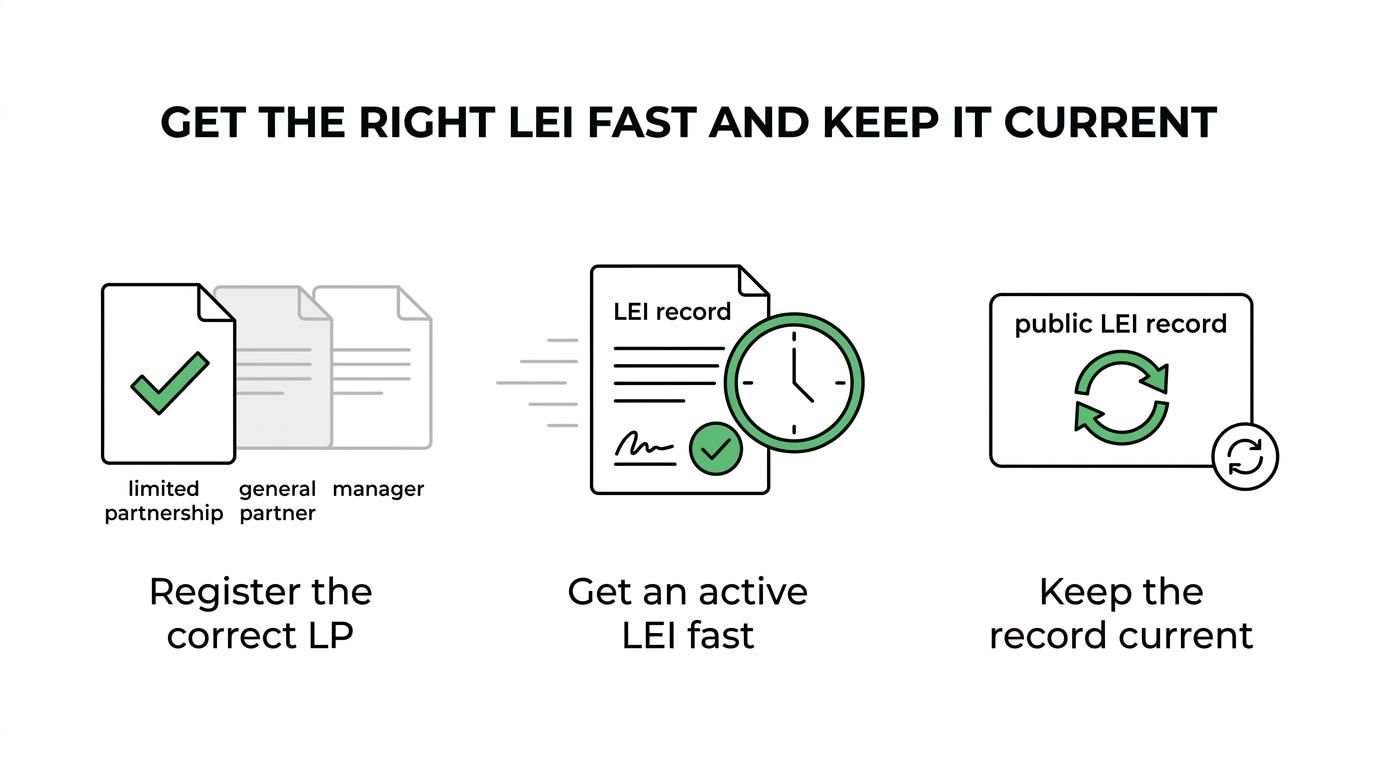 Graphic showing key LEI needs for Canadian limited partnerships: correct entity identification, duplicate prevention, fast issuance, and ongoing GLEIF data updates.
