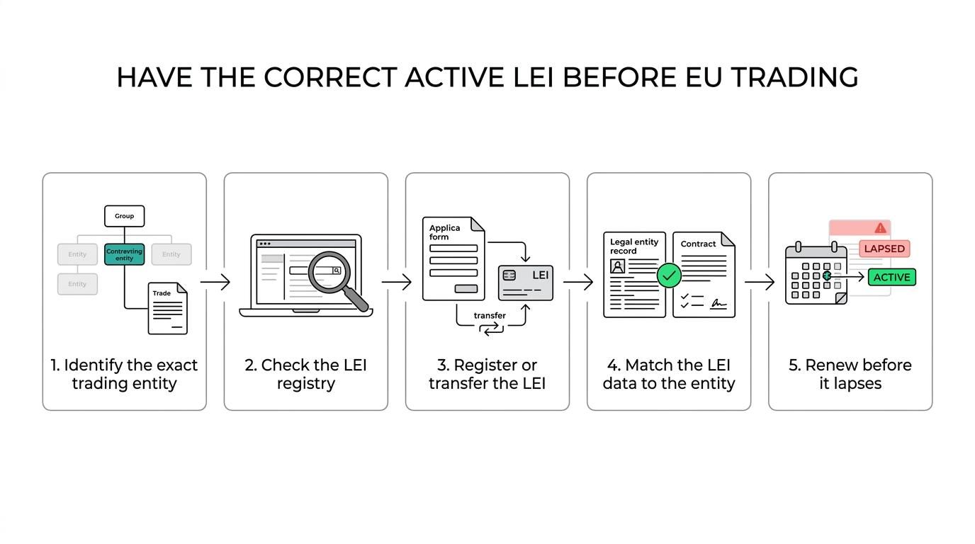 Five-step flow showing a Canadian entity identify the trading legal entity, search for an existing LEI, register or transfer the LEI, verify reference data, and renew annually before an EU trade.