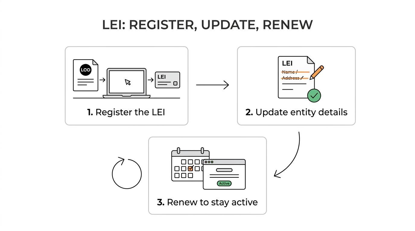 A simple step-by-step flow showing a co-operative getting an LEI, using it for reporting or onboarding, and keeping it active through renewals and updates.