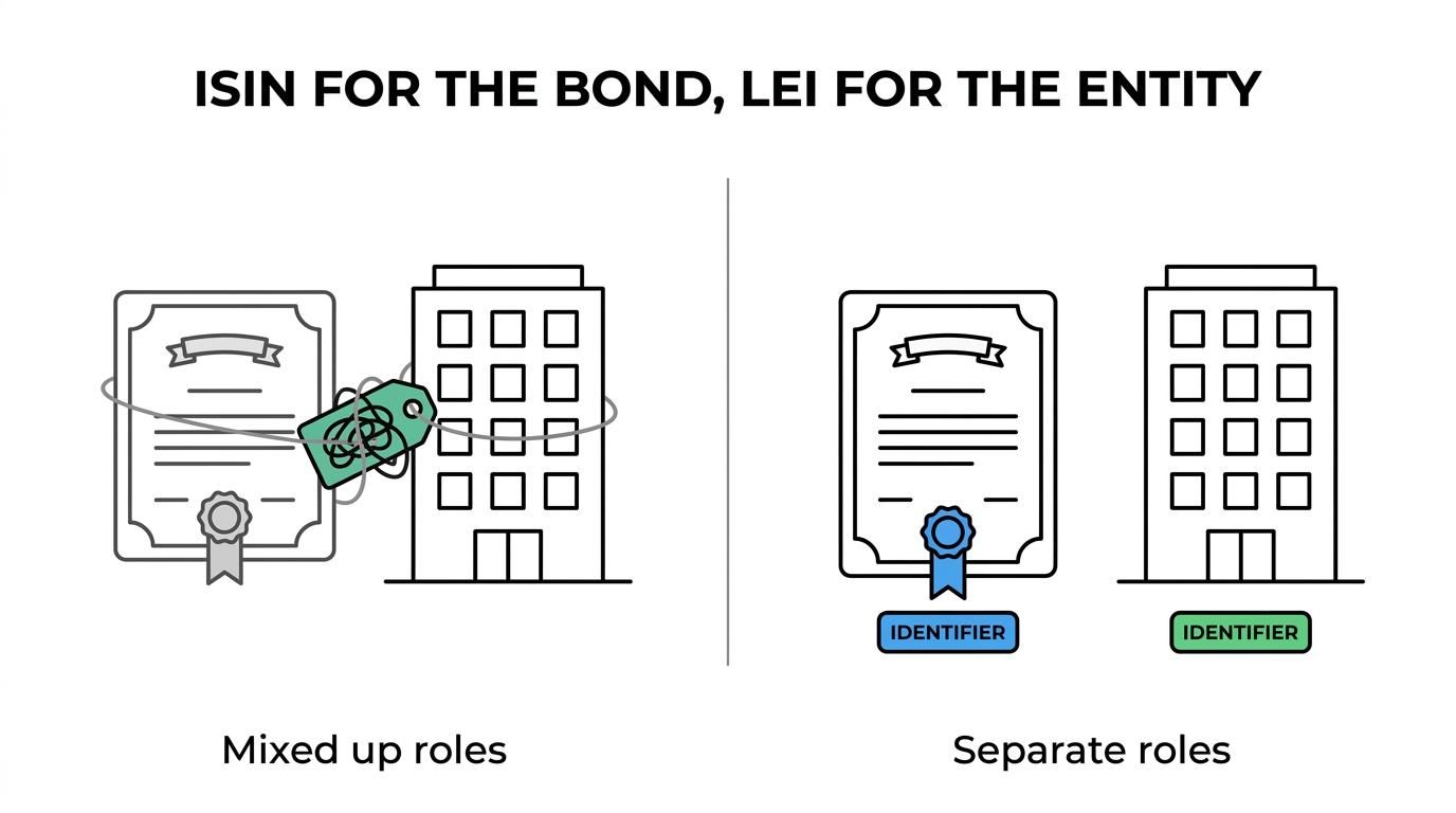 Side-by-side comparison showing a bond labeled with an ISIN and separate legal entities labeled with LEIs.