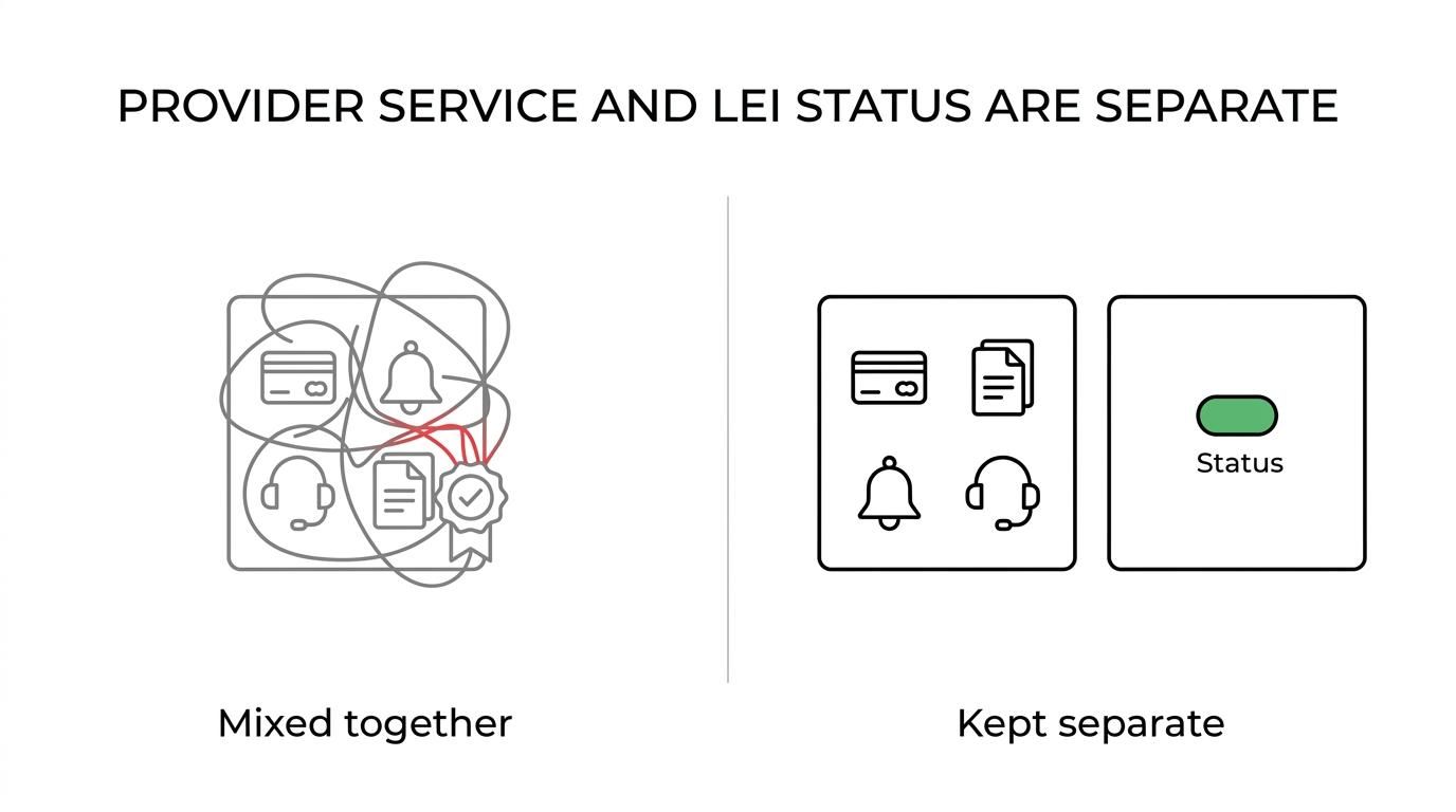 Side-by-side comparison of provider-controlled renewal factors and GLEIF-controlled LEI status outcomes.