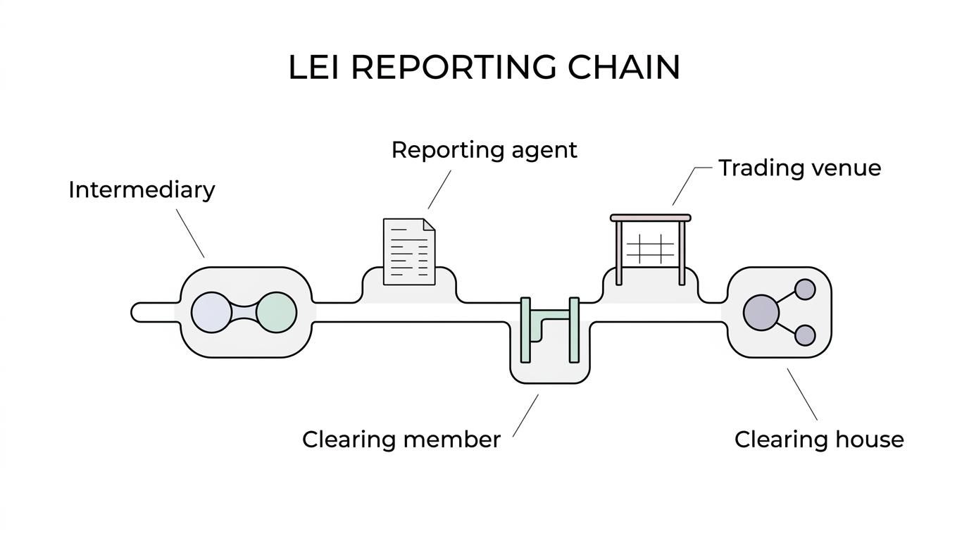 Diagram of a reportable OTC derivatives transaction and reporting chain showing LEI-relevant roles such as counterparty, reporting agent, broker, clearing member, trading venue, and clearing house.