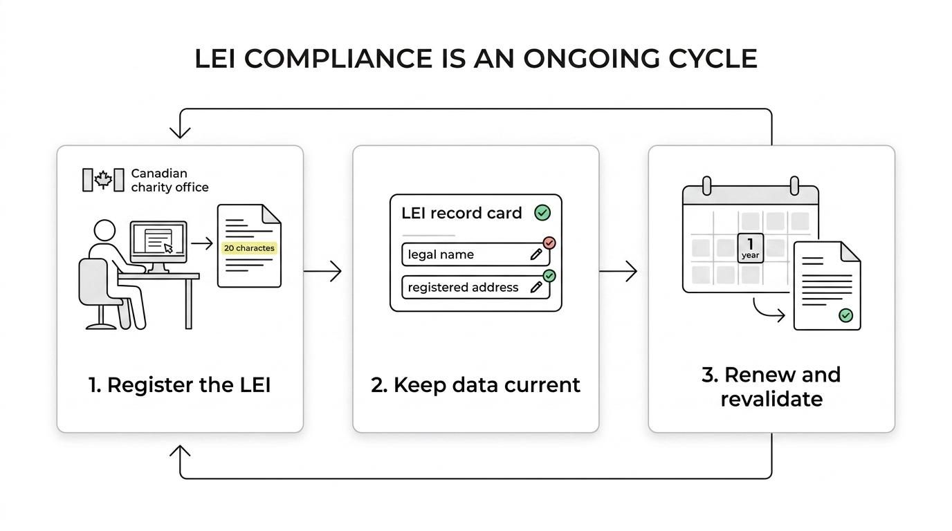Flow showing the LEI lifecycle for a Canadian non-profit: registration, validation checks, issuance, annual renewal, data updates, and transfer support.