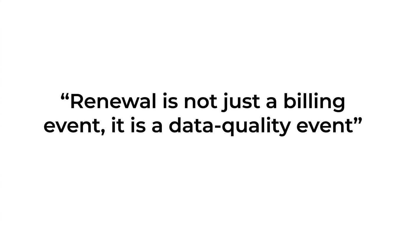 Highlighted quote reading, 'So renewal is not just a billing event. It is a data-quality event.'