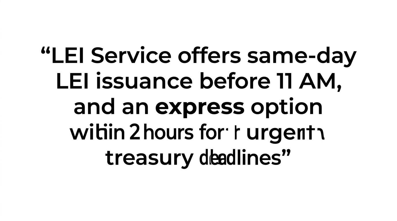 Highlighted quote stating that LEI Service offers same-day LEI issuance before 11 AM and a 2-hour express option.