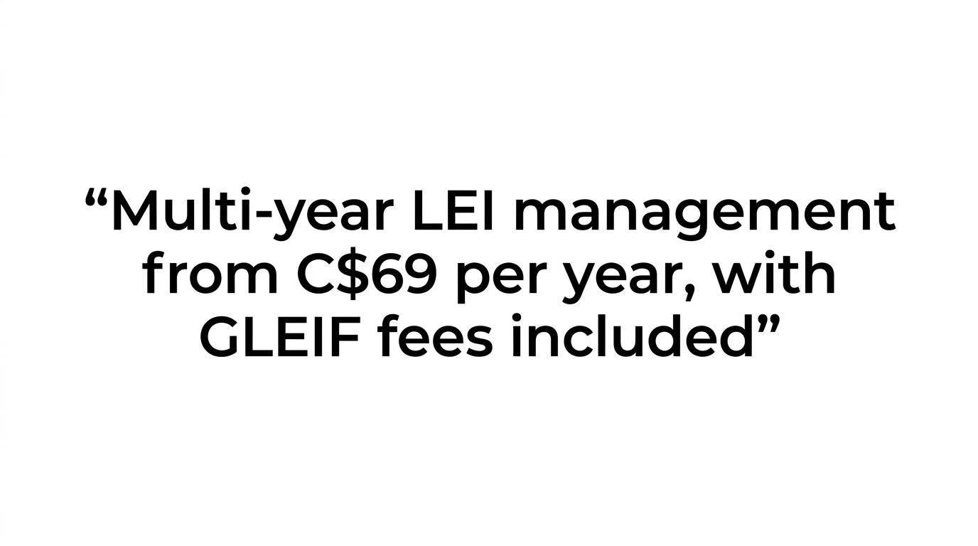 Quote highlight stating that LEI Service provides multi-year LEI management from C$69 per year with GLEIF fees included.