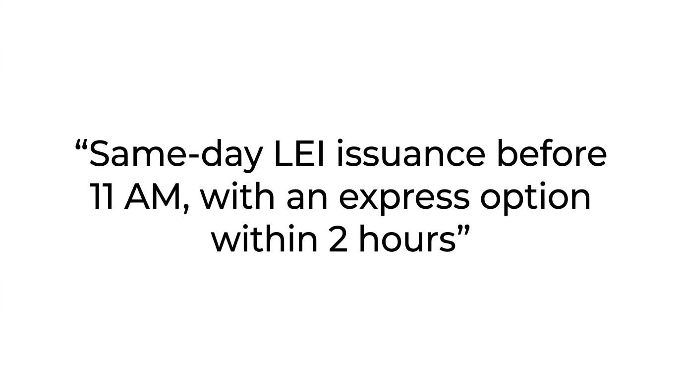 Large text quote highlighting same-day LEI issuance before 11 AM and a 2-hour express option.