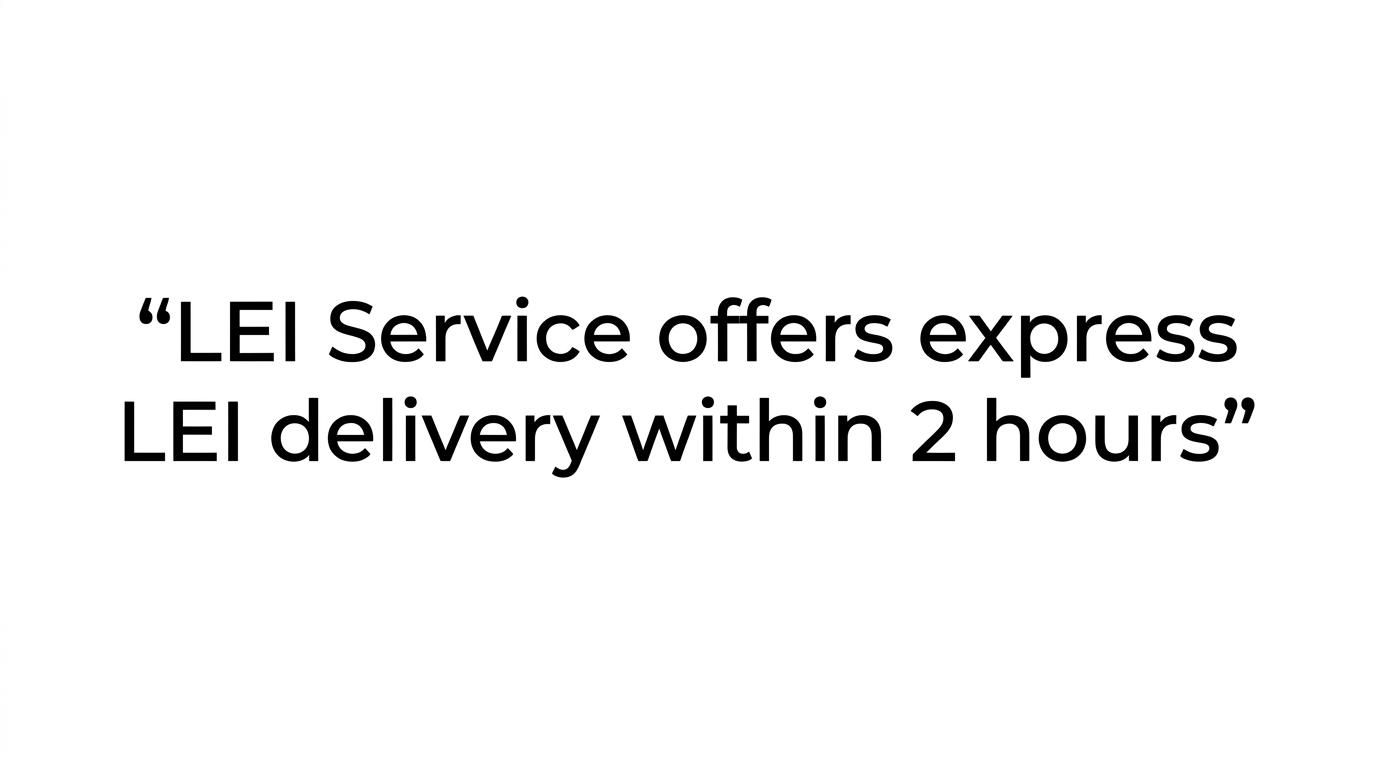 Quote highlight featuring the line about express LEI delivery within 2 hours for urgent MIC timelines.