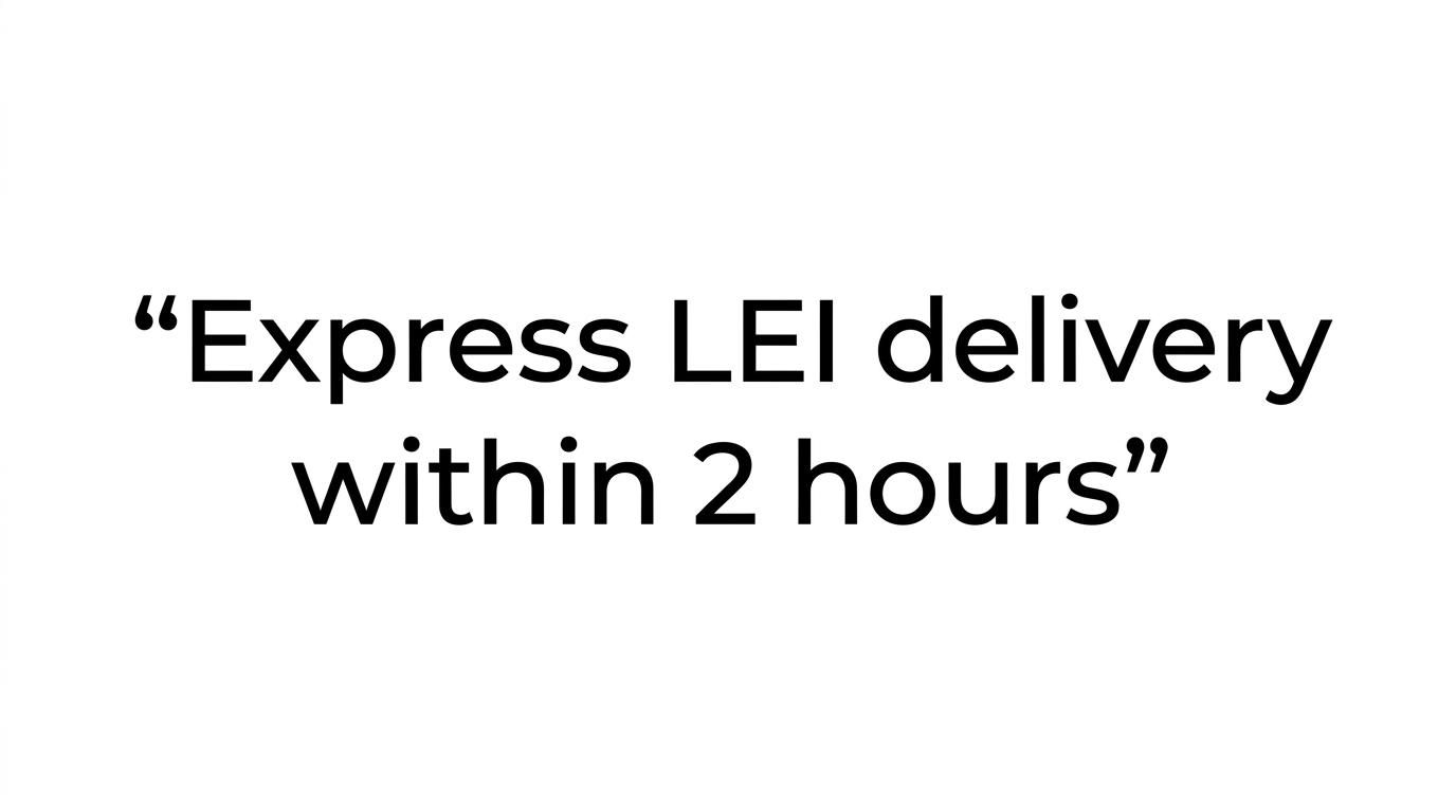 Highlighted quote emphasizing 2-hour express LEI delivery for urgent cases.